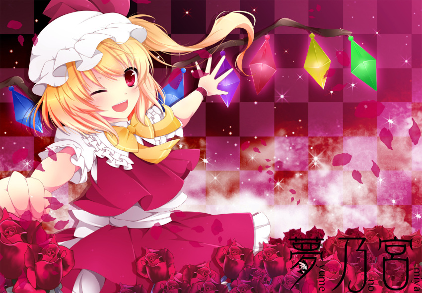 ;d artist_name bad_id bad_pixiv_id blonde_hair blush bow female flandre_scarlet flower frills hat hat_ribbon highres one_eye_closed open_mouth petals photoshop_(medium) red_eyes ribbon rose short_sleeves side_ponytail smile solo sparkle touhou wings yumemiya_subaru