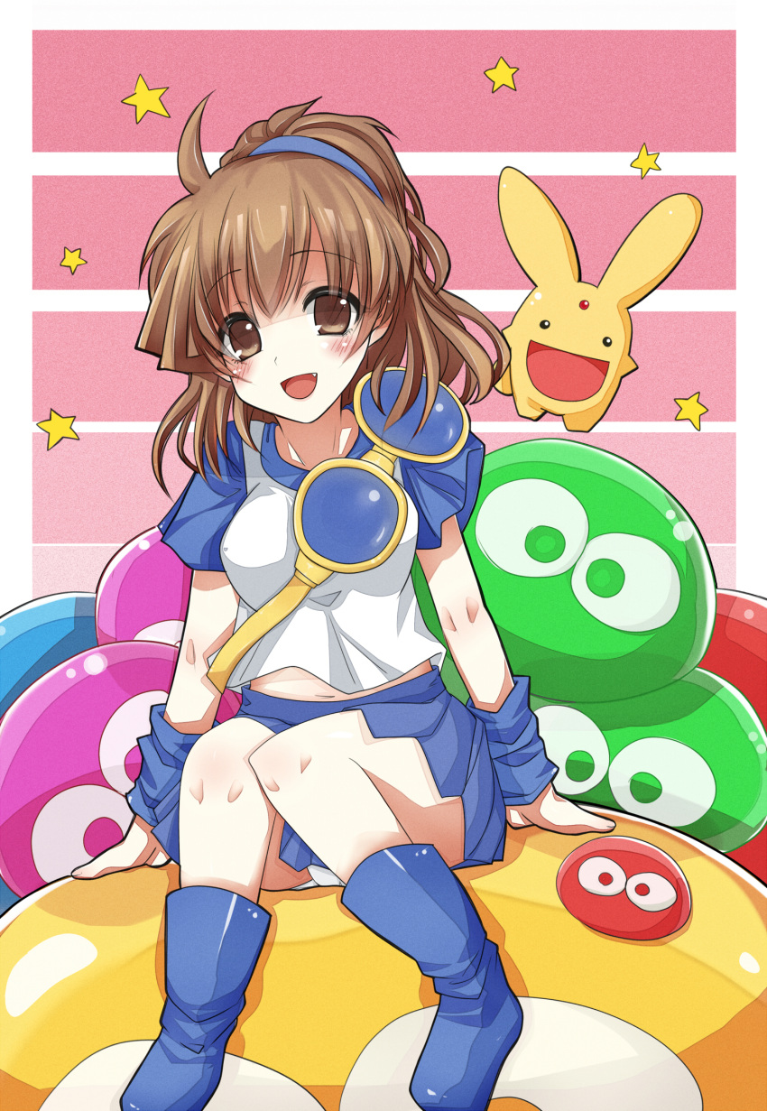 arle_nadja blue_skirt blush brown_eyes brown_hair carbuncle_(puyopuyo) commentary_request female highres looking_at_viewer madou_monogatari open_mouth panties puyo_(puyopuyo) puyopuyo sei000 sitting skirt smile solo star_(symbol) underwear white_panties