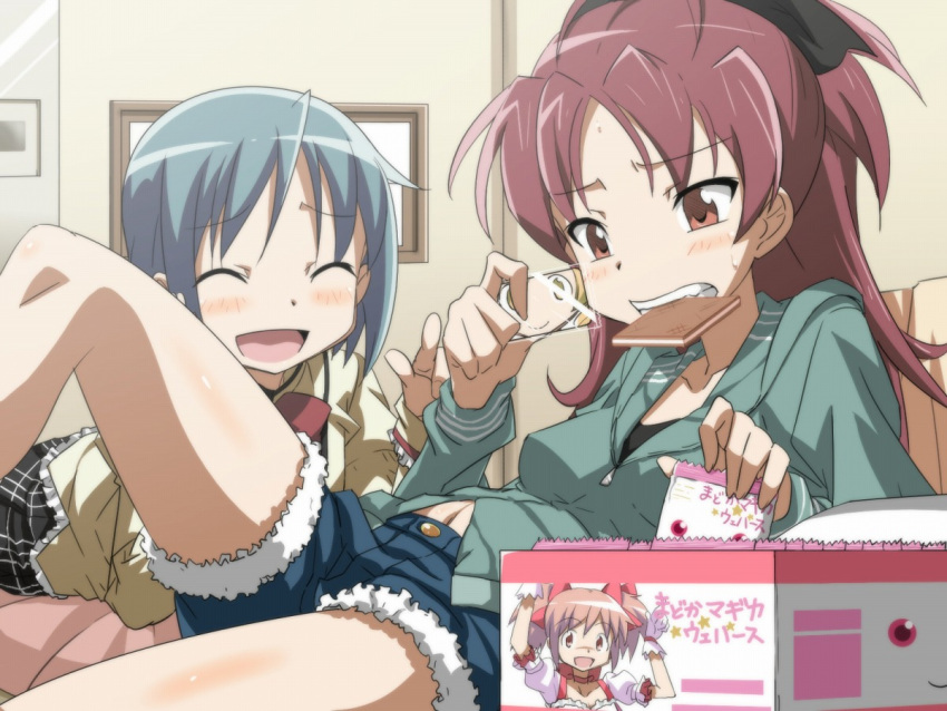 2girls bad_id bad_pixiv_id blue_hair blush box closed_eyes commentary_request cutoffs denim denim_shorts eating food hair_ribbon hood hoodie kaname_madoka kaname_madoka_(magical_girl) kiryu_manzoku kyuubee long_hair magical_girl mahou_shoujo_madoka_magica mahou_shoujo_madoka_magica_(anime) miki_sayaka mitakihara_school_uniform mouth_hold multiple_girls navel red_eyes red_hair ribbon sakura_kyoko school_uniform short_hair shorts skirt snack sweatdrop tomoe_mami translated wafer