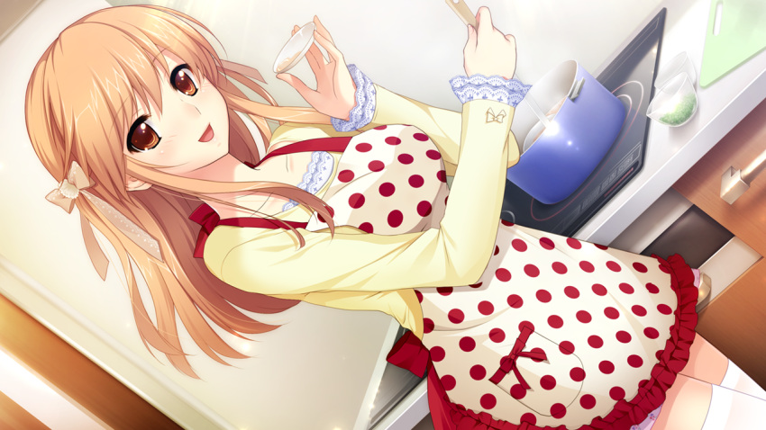 apron brown_eyes brown_hair cooking cooking_pot dutch_angle female game_cg hatsukoi_1/1 koizumi_amane long_hair morino_yukino polka_dot polka_dot_apron ribbon solo stove unmoving_pattern