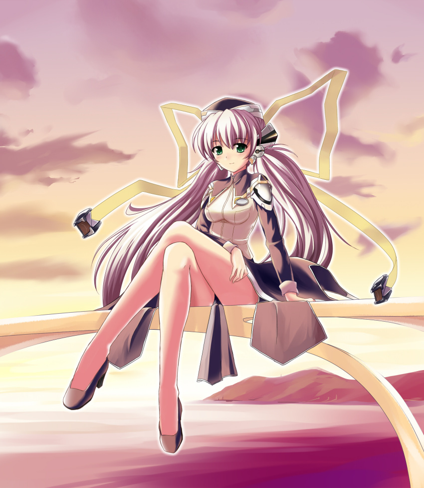 cloud commentary_request crossed_legs female green_eyes hair_ribbon hat high_heels highres hoshino_yumemi legs long_hair long_legs mountain planetarian ribbon shoes sitting sky smile solo sunset thighs twintails very_long_hair water white_hair yumemi_(kiowa)