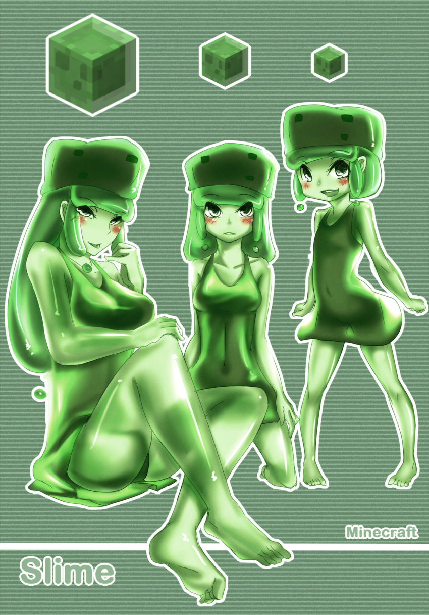 3girls age_difference at2. bad_id bad_link blush character_name colored_skin copyright_name dress green_skin green_theme highres minecraft monster_girl multiple_girls personification slime_(minecraft) slime_(substance) slime_girl