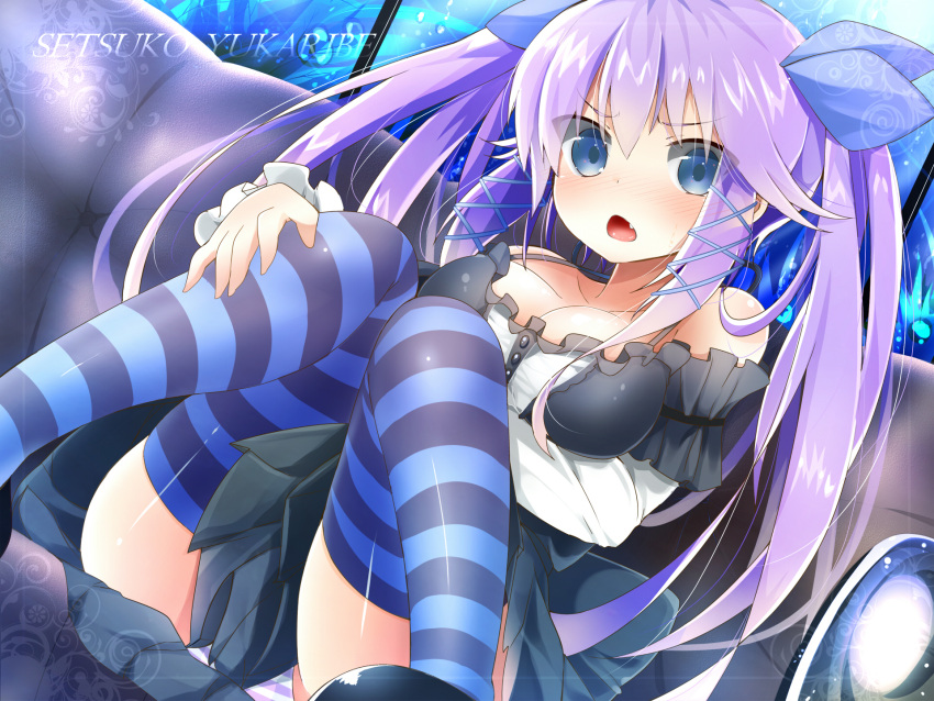 blue_eyes blush breasts character_name commentary_request female highres kakao_(chocolate_land) long_hair looking_at_viewer medium_breasts open_mouth original panties purple_hair sitting skirt solo striped_clothes striped_panties striped_thighhighs thighhighs twintails underwear yukaribe_setsuko