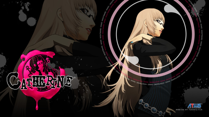 catherine catherine_(game) female glasses highres katherine_mcbride logo official_art official_wallpaper semi-rimless_eyewear soejima_shigenori solo under-rim_eyewear