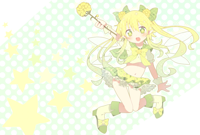 :d abandon_ranka bad_id bad_pixiv_id blonde_hair blush female flower green_eyes highres holding holding_flower long_hair magical_girl midriff navel open_mouth original outstretched_arms photoshop_(medium) polka_dot polka_dot_background skirt smile solo star_(symbol) wrist_cuffs