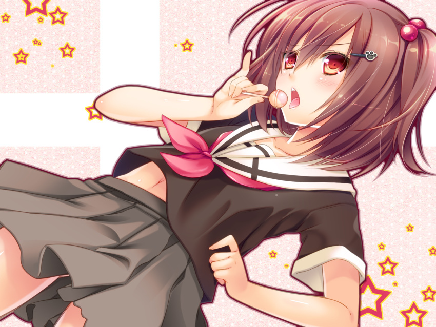 blush borrowed_character brown_eyes brown_hair candy cocoa_(cafe-hotcocoa) commentary_request dutch_angle female food hair_bobbles hair_ornament hairpin highres lollipop morinaga_koeda navel open_mouth original photoshop_(medium) school_uniform short_hair skirt solo tongue