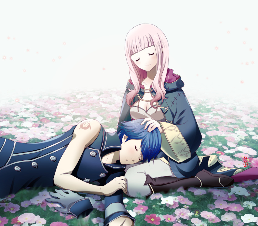 1boy absurdres blush boots brand_of_the_exalt breasts chrom_(fire_emblem) cleavage cloak closed_eyes commentary_request couple female fire_emblem fire_emblem_awakening flower gloves highres lap_pillow long_hair machinosuke medium_breasts pink_hair robin_(female)_(fire_emblem) robin_(fire_emblem) smile straight tattoo unworn_gloves