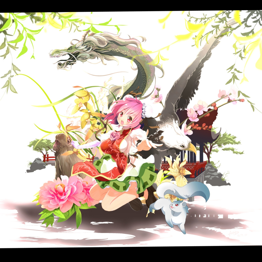 :d atori bandages bird breasts commentary_request double_bun dragon eagle eastern_dragon female flower hair_bun highres ibaraki_kasen koutei_(touhou) kume_(touhou) letterboxed medium_breasts monkey mukou_(touhou) open_mouth pink_hair raijuu red_eyes rose short_hair skirt smile solo tabard touhou