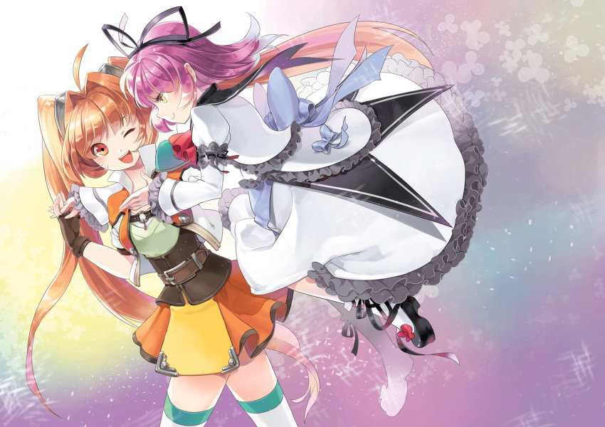 2girls ascot bad_id bad_pixiv_id bow brown_eyes brown_hair eiyuu_densetsu estelle_bright frills hair_intakes hairbow highres long_hair multiple_girls one_eye_closed orange_skirt photoshop_(medium) purple_hair red_ascot renne_(eiyuu_densetsu) ribbon seal_(pukozin) short_hair skirt smile sora_no_kiseki thighhighs twintails white_legwear yellow_eyes zettai_ryouiki