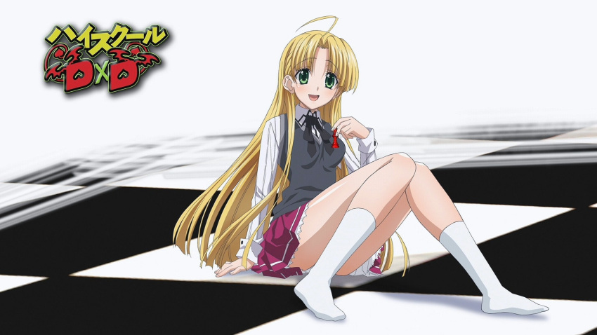 :d ahoge arm_support ascot asia_argento blonde_hair blush body_blush buruma checkered checkered_floor copyright_name eyecatch female female fingernails floor full_body green_eyes hands high_school_dxd highres holding knees_together_feet_apart legs long_hair long_image long_sleeves looking_at_viewer no_shoes on_floor open_mouth pawn school_uniform shadow shiny shiny_hair shiny_skin simple_background sitting skirt smile socks solo sweater sweater_vest uniform wallpaper white_background white_legwear wide_image