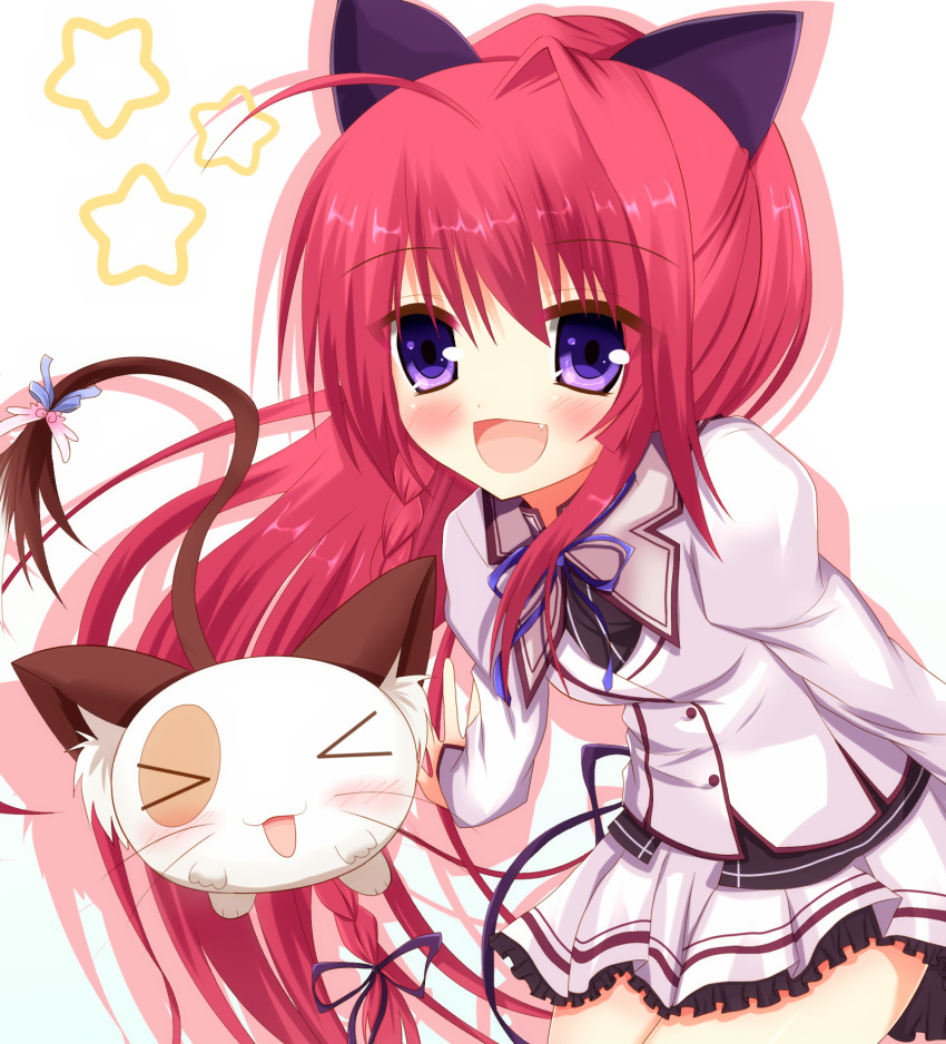 >_< :d again8120 animal_ears bad_id bad_pixiv_id blush cat_ears closed_eyes feline female highres inui_sana long_hair mashiroiro_symphony oerba_yun_fang open_mouth pan-nya ponytail purple_eyes red_hair single_hair_intake skirt smile solo star_(symbol) xd