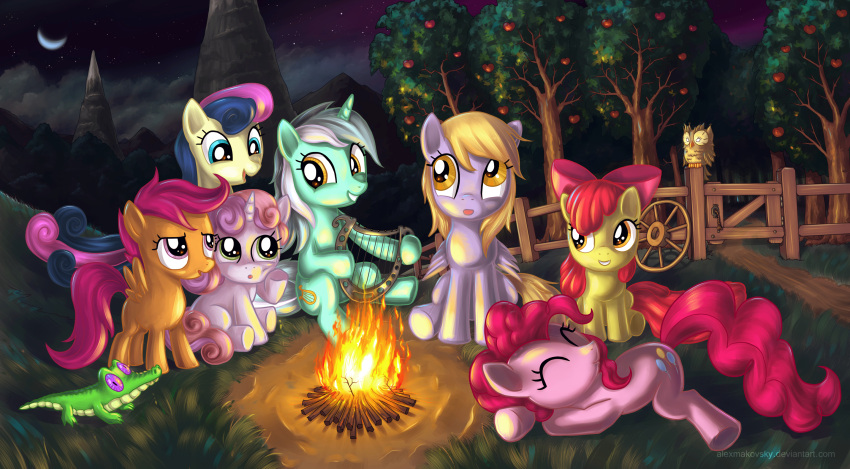 2012 alexmakovsky alligator alligatorid amber_eyes apple apple_bloom_(mlp) avian bird blonde_hair blue_eyes blue_hair bonbon_(mlp) campfire camping closed_eyes crocodilian cutie_mark cutie_mark_crusaders_(mlp) derpy_hooves detailed_background earth_pony equid equine feathered_wings feathers female fence feral fire food friendship_is_magic fruit grass green_eyes grey_body grey_feathers group gummy_(mlp) hair harp hasbro hi_res horn horse lying lyra_heartstrings_(mlp) mammal moon multicolored_hair musical_instrument my_little_pony mythological_creature mythological_equine mythology night on_back open_mouth orange_body orange_feathers owl pegasus pink_hair pinkie_pie_(mlp) plant plucked_string_instrument pony purple_eyes quadruped red_hair reptile scalie scootaloo_(mlp) sitting sleeping smile star string_instrument sweetie_belle_(mlp) tail tree two_tone_hair unicorn wheel white_hair wings wood young young_feral