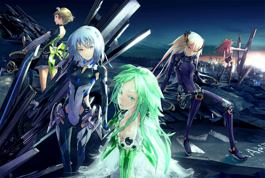 5girls android bare_shoulders beatless blonde_hair blue_eyes blue_hair bodysuit brown_hair character_request cityscape cloud commentary_request eyebrows green_eyes green_hair huge_weapon kouka_(beatless) leicia long_hair looking_at_viewer mariage md5_mismatch methode_(beatless) multiple_girls official_art red_hair redjuice resolution_mismatch revision short_hair sky smile snowdrop_(beatless) source_smaller sunset sword weapon