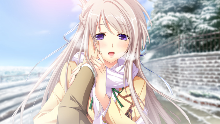 female game_cg gray_hair grey_hair hatsukoi_1/1 hatsukoi_1_1 iizuki_tasuku long_hair makabe_midori open_mouth purple_eyes school_uniform snow solo_focus