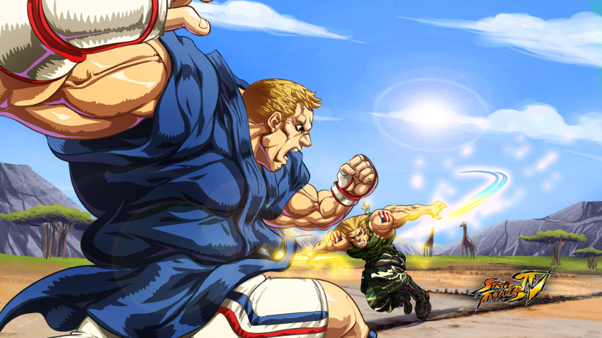 2boys abel_(street_fighter) american_flag american_flag_tattoo battle blonde_hair fingerless_gloves giraffe gloves guile highres manly multiple_boys muscular sonic_boom_(street_fighter) street_fighter street_fighter_iv_(series) tattoo