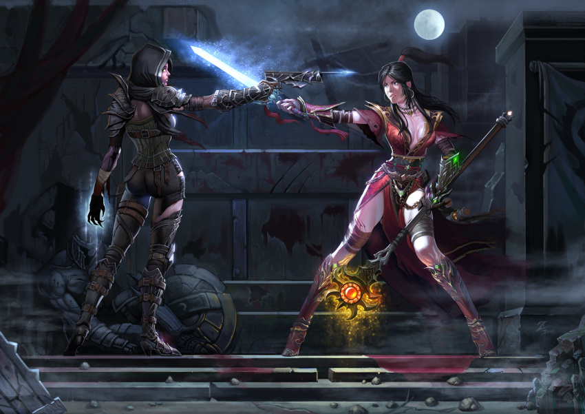 2011 2girls armor arrow_(projectile) at_gunpoint at_knifepoint black_hair blood breasts chains cleavage demon_hunter diablo diablo_(series) diablo_3 dual_wielding duel earrings gauntlets glowing glowing_hand glowing_sword glowing_weapon harpoon harpoon_gun highres holding hood jewelry medium_breasts mexican_standoff moon multiple_girls pauldrons photoshop_(medium) scar scroll shield shoulder_armor signature staff sword weapon wizard wizard_(diablo_3) yellow_eyes