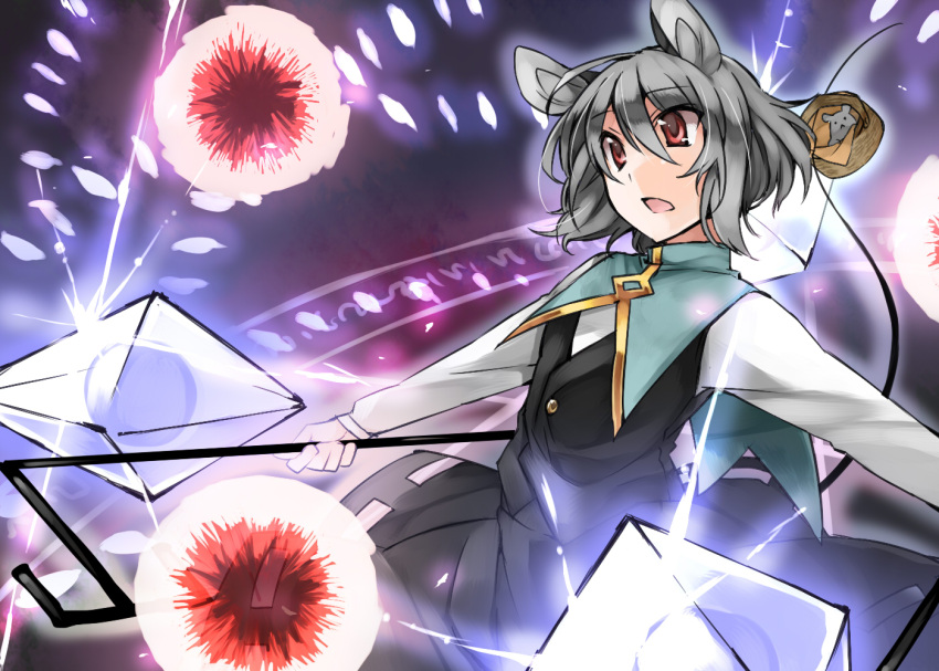 akagashi_hagane animal_ears bad_id bad_pixiv_id basket danmaku dowsing_rod dress female grey_hair mouse_(animal) mouse_ears mouse_tail nazrin open_mouth red_eyes short_hair solo tail touhou