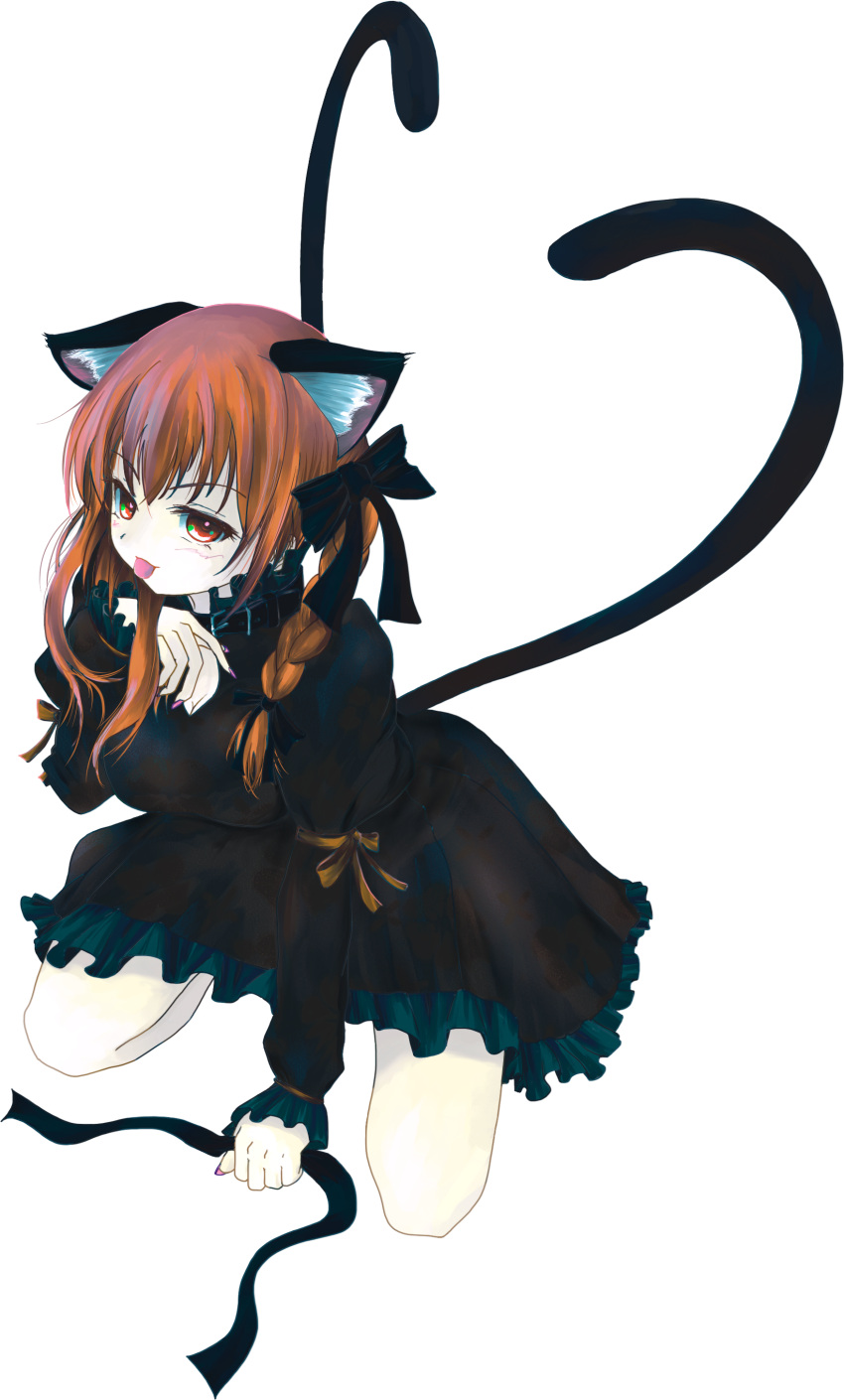 absurdres animal_ears bow braid breasts cat_ears cat_tail collar commentary_request female full_body hairbow highres kaenbyou_rin long_hair long_sleeves medium_breasts multiple_tails puffy_sleeves red_eyes red_hair ribbon shiina_shian solo tail tongue touhou transparent_background twin_braids