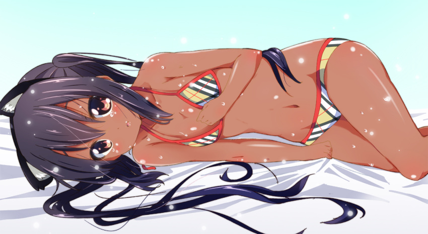 animal_ears bad_id bad_pixiv_id bikini black_hair brown_eyes cat_ears fake_animal_ears female k-on! kurou_(quadruple_zero) long_hair looking_at_viewer lying nakano_azusa on_side painttool_sai_(medium) swimsuit tan wet