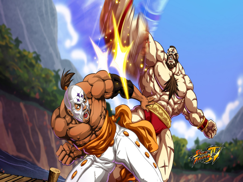 2boys abs battle beard brown_hair dark-skinned_male dark_skin el_fuerte elbow_pads facial_hair luchador luchador_mask mask mohawk motion_blur multiple_boys muscular street_fighter street_fighter_iv_(series) topless_male zangief