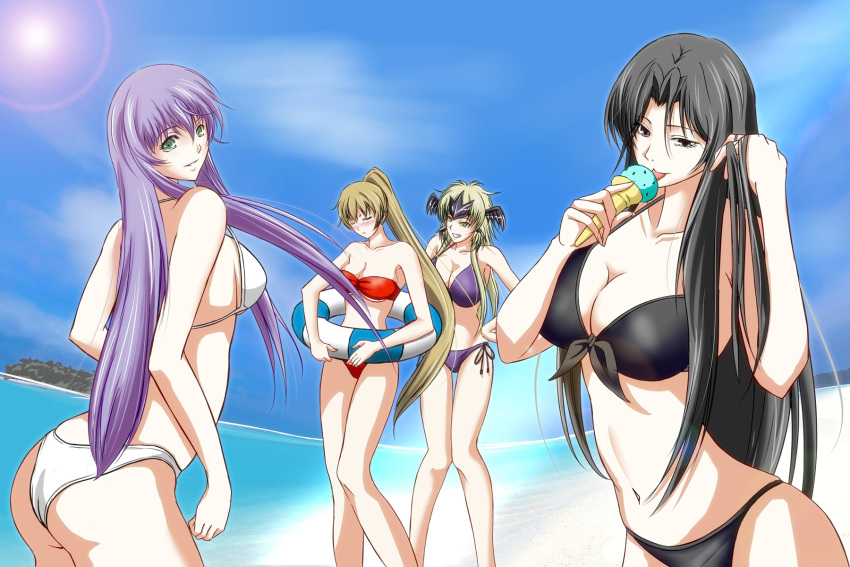 4girls bad_id bad_pixiv_id beach bikini black_bikini black_eyes black_hair blonde_hair breasts brown_hair cleavage closed_eyes cloud collarbone commentary_request crane_yuzuriha day food green_eyes grin hand_in_own_hair highres holding ice_cream large_breasts long_hair marishiten multiple_girls navel ocean outdoors pandora_(saint_seiya) ponytail purple_bikini purple_hair red_bikini saint_seiya saint_seiya:_the_lost_canvas sasha_(saint_seiya:_the_lost_canvas) side-tie_bikini_bottom sideboob sky smile strapless strapless_bikini sun swimsuit tongue tongue_out underboob white_bikini