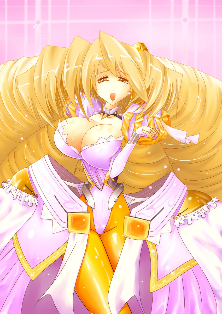 artist_request blonde_hair bodysuit breasts cleavage drill_hair female female highres kyoukai_senjou_no_horizon kyoukaisenjou_no_horizon large_breasts long_hair milf reenedega_ruu solo turenne very_long_hair yellow_legwear