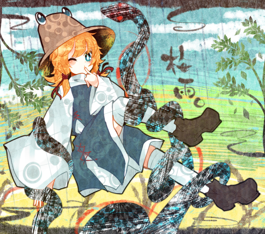 bad_id bad_pixiv_id blonde_hair blue_eyes blush female hair_ornament hair_ribbon hat highres itomugi-kun moriya_suwako one_eye_closed ribbon short_hair skirt snake snake_bondage solo text_focus thighhighs touhou tree white_thighhighs