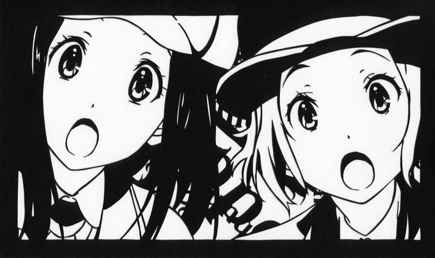 2girls :o absurdres bad_id bad_pixiv_id border bowler_hat chitanda_eru cosplay deerstalker greyscale hat head_tilt hercule_poirot hercule_poirot_(cosplay) highres hyouka ibara_mayaka kimi_ni_matsuwaru_mystery kirigami monochrome multiple_girls okatsu_(86style) open_mouth sherlock_holmes sherlock_holmes_(cosplay) surprised the_adventures_of_sherlock_holmes