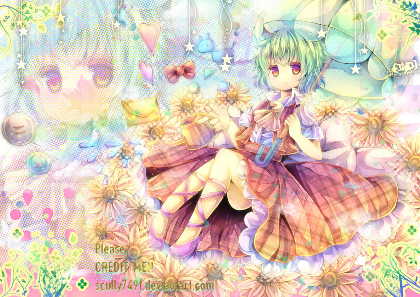 bow coa_(chroo_x) commentary_request dress female flower green_hair heart holding kazami_yuuka letter photoshop_(medium) plaid red_eyes short_hair solo star_(symbol) touhou umbrella watering_can watermark web_address