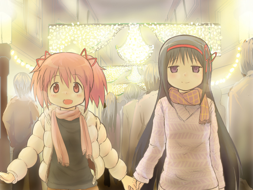 2girls :d akemi_homura black_hair breath commentary_request crowd expressionless hairband highres holding_hands jitome kaname_madoka ktkn long_hair long_sleeves looking_at_viewer mahou_shoujo_madoka_magica mahou_shoujo_madoka_magica_(anime) multiple_girls open_mouth outdoors pink_eyes pink_hair purple_eyes ribbon scarf short_twintails smile twintails upper_body