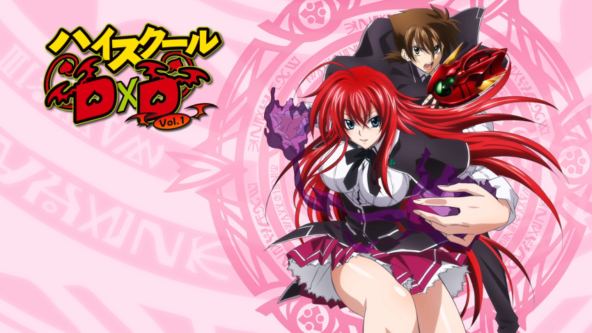 aliasing brown_hair high_school_dxd highres hyoudou_issei red_hair rias_gremory wallpaper