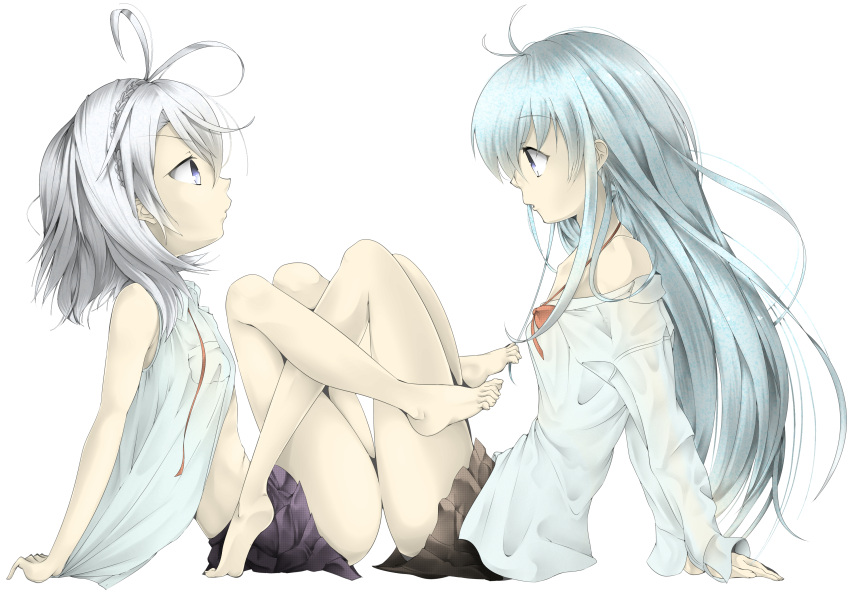 2girls absurdres bad_id bad_pixiv_id barefoot blue_eyes blue_hair denpa_onna_to_seishun_otoko feet from_side grey_hair highres hitotoshite_jiku_ga_bureteiru hoshimiya_yashiro multiple_girls open_clothes parody sayonara_zetsubou_sensei short_hair simple_background skirt solru touwa_erio tribadism white_background yuri