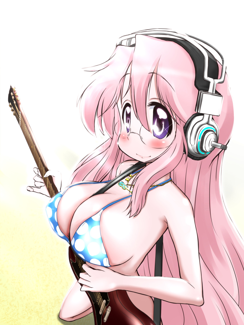 bad_id bad_pixiv_id between_breasts bikini breasts cosplay female glasses guitar gun highres instrument lucky_star mizushima_(p201112) nitroplus pink_hair purple_eyes rifle solo super_sonico super_sonico_(cosplay) swimsuit takara_miyuki weapon