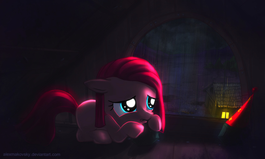 5:3 alexmakovsky attic barn blue_eyes building clothing detailed_background earth_pony equid equine female feral friendship_is_magic hair hasbro hat headgear headwear hi_res horse light mammal my_little_pony outside party_hat pink_hair pinkamena_(mlp) pinkie_pie_(mlp) pony quadruped raining rock sad solo tail window young