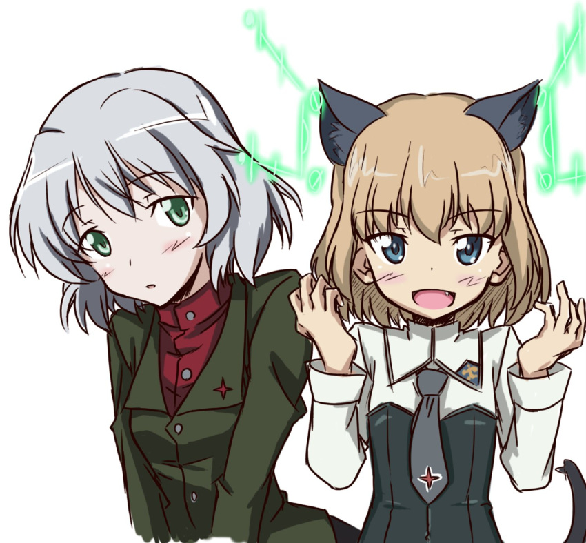 2girls animal_ear_fluff animal_ears asagi501 blonde_hair blue_eyes blush bob_cut cat_ears cat_girl cat_tail cosplay country_connection cowboy_shot emblem extra_ears girls_und_panzer green_eyes grey_hair grey_necktie highres hirschgeweih_antennas katyusha_(girls_und_panzer) katyusha_(girls_und_panzer)_(cosplay) looking_at_viewer medium_hair military military_uniform multiple_girls necktie oerba_yun_fang open_mouth pravda_(emblem) pravda_school_uniform red_shirt sanya_v._litvyak sanya_v._litvyak_(cosplay) school_uniform shirt smile strike_witches tail uniform v_arms world_witches_series