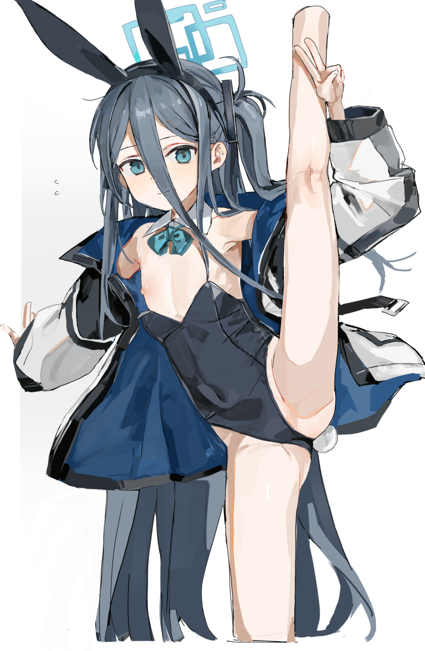 absurdly_long_hair absurdres animal_ears arisu_(blue_archive) black_leotard blue_archive blue_bow blue_bowtie bow bowtie breasts commentary_request cowboy_shot cropped_legs dark_blue_hair detached_collar female hair_between_eyes halo highres leotard long_hair nipples one_side_up playboy_bunny rabbit_ears rabbit_tail small_breasts solo split standing standing_on_one_leg standing_split strapless strapless_leotard tail v very_long_hair white_background yuki_hotaru