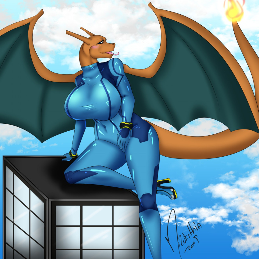 1:1 2019 anthro big_breasts blue_eyes blush bodysuit breasts building chari-gal charizard clothed clothing cloud digital_media_(artwork) dragon fan_character female fingers generation_1_pokemon hi_res horn latex leaning looking_at_viewer macro metroid mizukithia mythological_creature mythological_scalie mythology nintendo nipple_outline open_mouth outside pokemon pokemon_(species) scalie simple_background skinsuit sky solo tail tight_clothing tongue tongue_out wings zero_suit