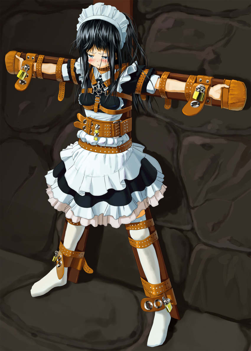 apron black_gloves black_hair blue_eyes bondage bondage bound bound_arms bound_legs bound_wrists commentary_request crucifixion female full_body gloves highres immobilization itou_tatsuya lock long_hair maid maid_apron maid_headdress no_shoes original photoshop_(medium) restrained slave solo standing_restraints stationary_restraints thighhighs upright_restraints