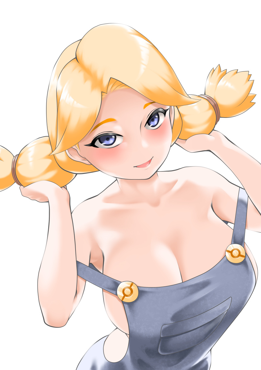 absurdres bare_shoulders blonde_hair blue_eyes blush breasts cleavage collarbone commentary_request cowgirl_(pokemon) female hair_lift hair_tie hands_up hat highres large_breasts looking_at_viewer naked_overalls no_headwear open_mouth overalls poke_ball_symbol pokemon pokemon_dppt simple_background smile solo strap_slip toba_tsutsumi twintails upper_body white_background