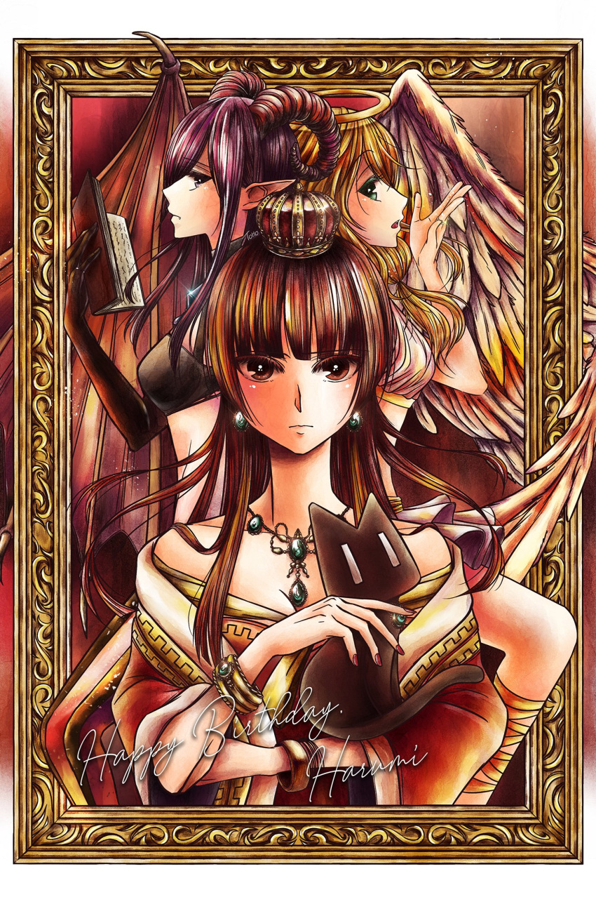 3girls aihara_mei aihara_yuzu angel angel_wings back-to-back book bra bracelet breasts citrus_(saburouta) cleavage commentary_request crown demon demon_wings feathered_wings feline framed halo happy_birthday highres horns jewelry multiple_girls necklace queen saburouta_(character) single_horn taniguchi_harumi toho_7 underwear wings