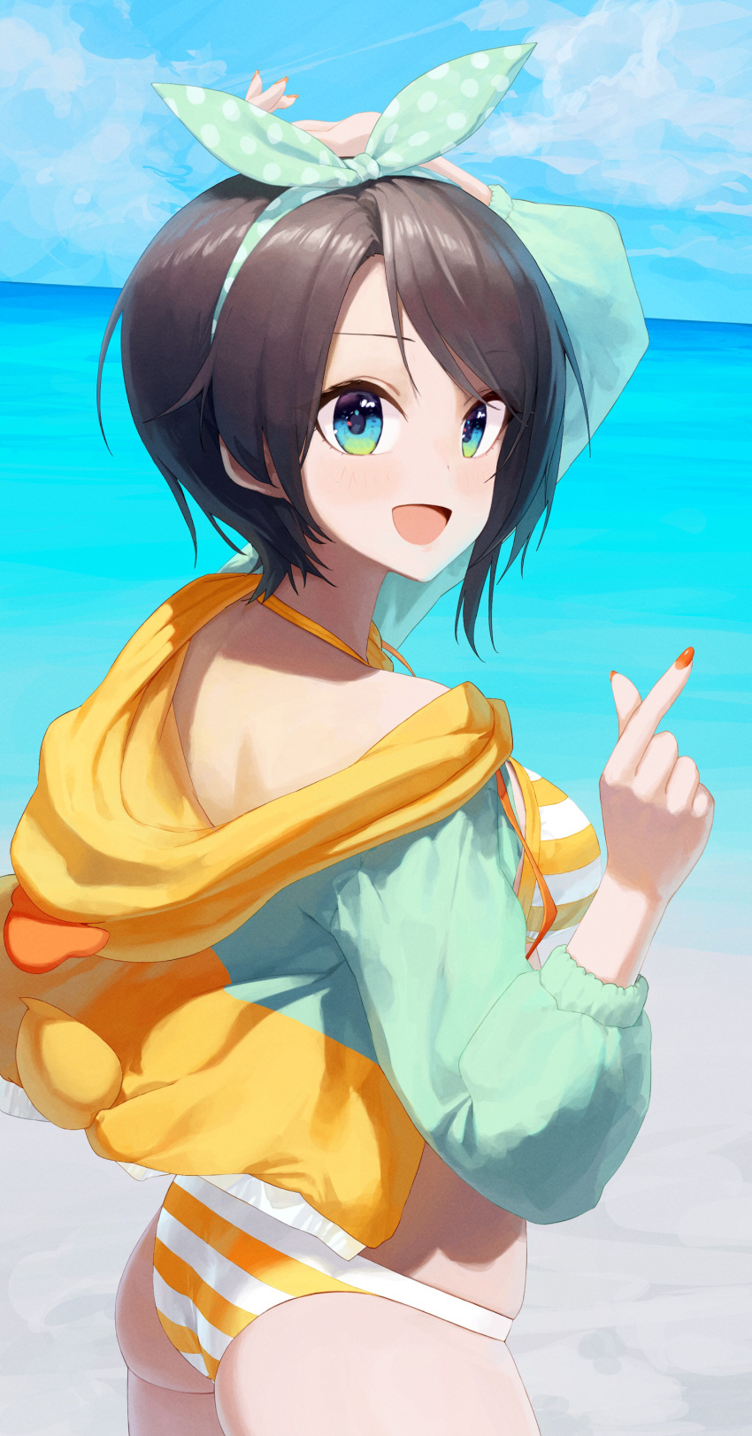 :d absurdres animal_hood aqua_eyes arm_up ass beach bikini black_hair blue_sky bow bow_hairband breasts cloud day female from_behind hairband hairbow hand_up highres hololive hood hoodie jacket looking_at_viewer looking_back makimaki_makky7 multicolored_clothes multicolored_jacket ocean official_alternate_costume official_alternate_hairstyle oozora_subaru oozora_subaru_(hololive_summer_2019) open_clothes orange_nails outdoors polka_dot polka_dot_bow sand short_hair skindentation sky smile solo striped_bikini striped_clothes swept_bangs swimsuit two-tone_jacket virtual_youtuber yellow_bikini yellow_hoodie yellow_jacket