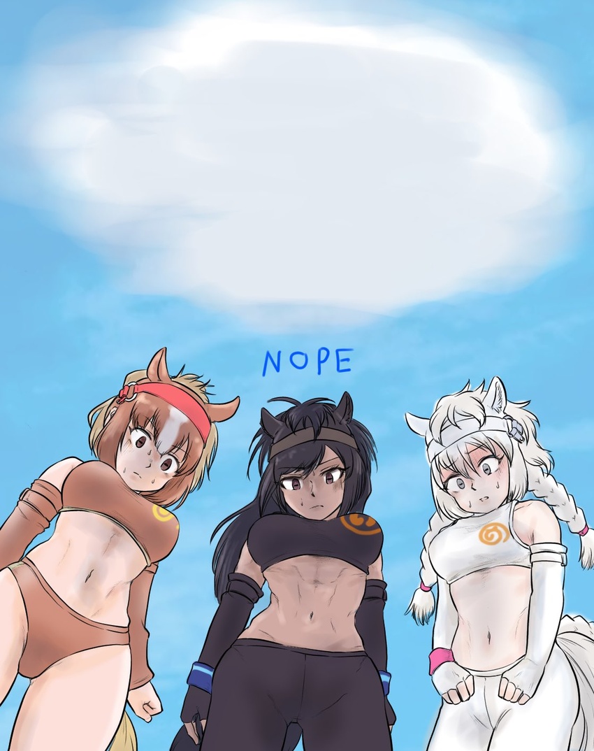 3girls animal_ears arms_at_sides bare_shoulders blonde_hair blue_sky braid braided_tail breasts bridle brown_hair brown_sports_bra brown_thoroughbred_(kemono_friends) buruma chestnut_thoroughbred_(kemono_friends) clenched_hands cloud dark-skinned_female dark_skin day elbow_gloves empty_eyes fingerless_gloves from_below furrowed_brow gloom_(expression) gloves hair_between_eyes highres horizontal_pupils horse_ears horse_girl horse_tail japan_racing_association japari_symbol kemono_friends leggings light_brown_hair long_hair looking_down multicolored_hair multiple_girls navel nope_(movie) outdoors pale_skin parody parted_bangs saja_(166j357) scared side-by-side sky sports_bra sportswear standing stomach sweat tail title toned toned_female twin_braids v-shaped_eyebrows white_hair white_thoroughbred_(kemono_friends)