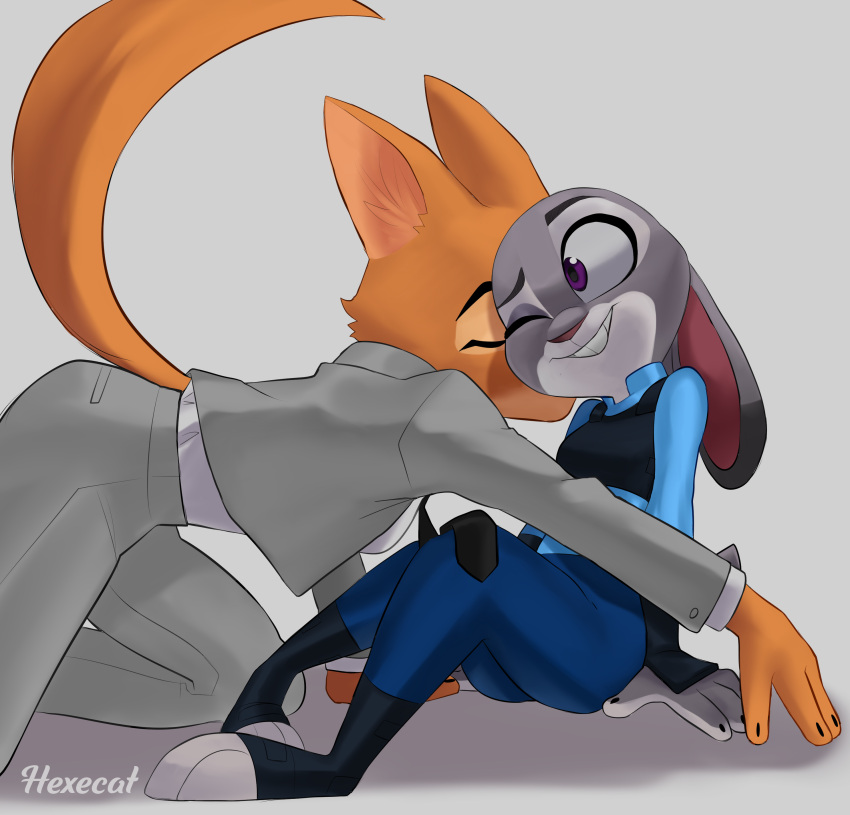 absurd_res anthro breasts canid canine closed_eyes clothing crossover diane_foxington disney dreamworks duo female female/female fox fur grey_body grey_fur hexecat hi_res judy_hopps kissing lagomorph leporid mammal multicolored_body multicolored_fur one_eye_closed orange_body orange_fur rabbit size_difference small_breasts smile the_bad_guys wink zootopia