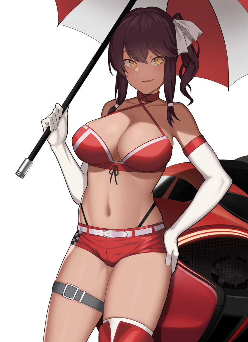 :d bad_id bad_pixiv_id bare_shoulders belt black_panties blush breasts cero_(last2stage) cleavage dark-skinned_female dark_skin elbow_gloves female girls'_frontline gloves hair_between_eyes hand_on_own_hip highleg highleg_panties highres looking_at_viewer mclaren_p1 midriff navel official_alternate_costume open_mouth panties purple_hair race_queen red_thighhighs saiga-12_(crimson_navigator)_(girls'_frontline) saiga-12_(girls'_frontline) short_shorts shorts side_ponytail simple_background smile solo thigh_strap thighhighs umbrella underwear white_background white_gloves white_thighhighs yellow_eyes