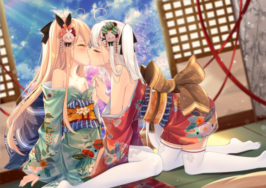 2girls absurdres ahoge back_bow bad_id bad_yandere_id bare_shoulders black_bow black_ribbon blonde_hair blush bow breasts closed_eyes collarbone day floral_print french_kiss green_kimono hair_ribbon heart heart_ahoge highres holding_hands incest indoors interlocked_fingers japanese_clothes kimono kimono_pull kissing kneeling leaning_forward light_rays long_hair long_sleeves medium_breasts multiple_girls niliu_chahui no_bra obi off_shoulder open_clothes open_shirt orange_bow original print_kimono red_kimono ribbon sash siblings sideboob sisters sitting sliding_doors small_breasts sunbeam sunlight thighhighs tokisaki_asaba_(niliu_chahui) tokisaki_mio_(niliu_chahui) wariza white_hair white_thighhighs wide_sleeves yukata yuri