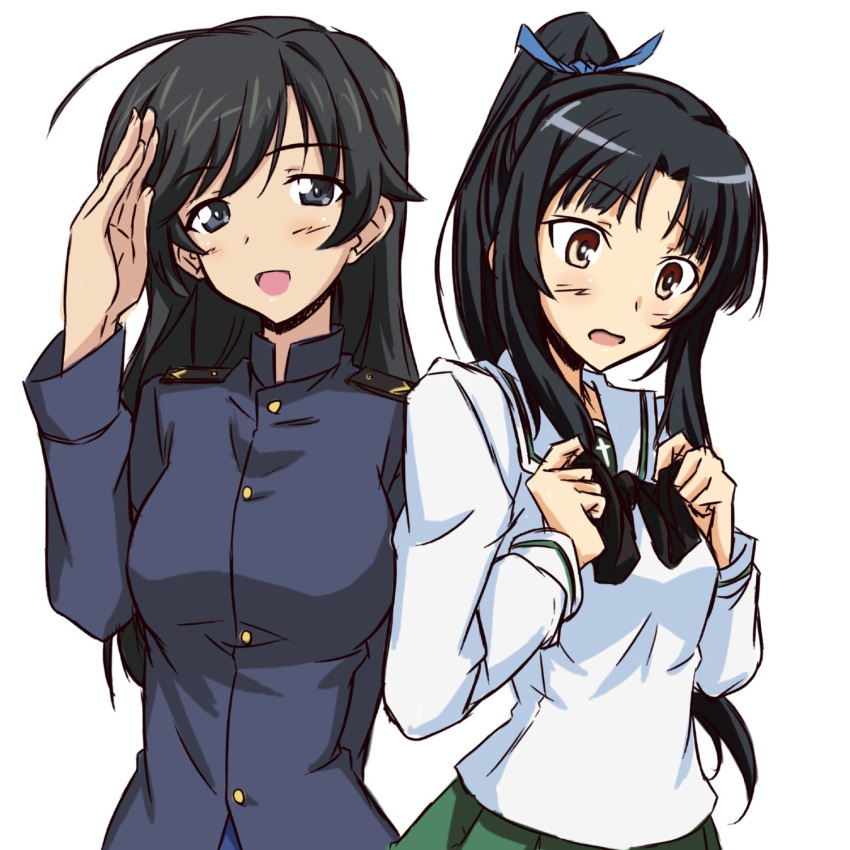 2girls ahoge arm_behind_back asagi501 black_bow black_hair blue_jacket blue_ribbon blush bow bowtie brown_eyes cosplay costume_switch fingernails girls_und_panzer green_skirt hair_ribbon hattori_shizuka hattori_shizuka_(cosplay) high_ponytail highres isuzu_hana isuzu_hana_(cosplay) jacket long_fingernails long_hair looking_at_viewer military military_uniform multiple_girls ooarai_school_uniform ponytail ribbon sailor_collar salute school_uniform serafuku shirt sidelocks skirt smile strike_witches uniform white_background white_sailor_collar white_shirt world_witches_series