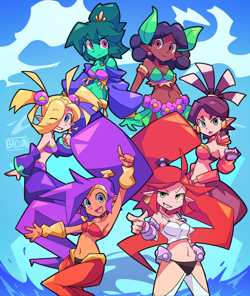 6+girls ;) absurdres armor bacun bikini_armor blonde_hair blue_eyes breasts colored_skin dark-skinned_female dark_skin english_commentary fillin_(shantae) green_eyes green_hair green_skin grin harmony_(shantae) highres long_hair medium_breasts midriff multiple_girls navel one_eye_closed orange_eyes orange_hair plink_(shantae) pointing pointy_ears ponytail purple_hair shantae shantae_(series) shantae_and_the_seven_sirens smile vera_(shantae) very_long_hair zapple_(shantae)