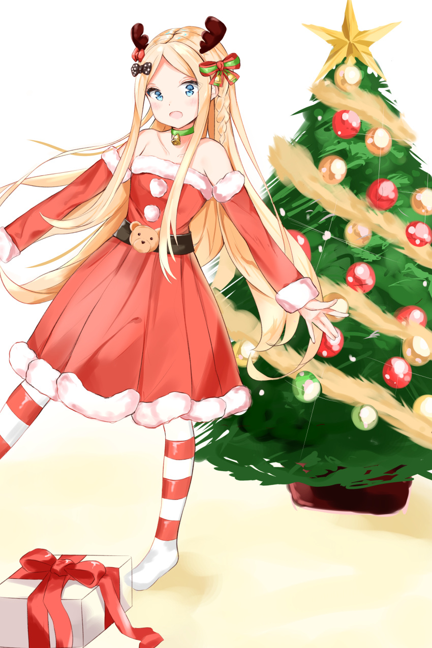 :d abigail_williams_(fate) absurdres antlers bare_shoulders bell black_bow blonde_hair blue_eyes blush bow box braid choker christmas christmas_ornaments christmas_tree collarbone commentary detached_sleeves dress fake_antlers fate/grand_order fate_(series) feet_out_of_frame female fur-trimmed_dress fur-trimmed_sleeves fur_trim gift gift_box green_choker hairbow highres horns long_hair long_sleeves looking_at_viewer neck_bell pantyhose parted_bangs pleated_dress polka_dot polka_dot_bow red_bow red_dress red_sleeves reindeer_antlers single_braid smile solo standing standing_on_one_leg striped_clothes striped_pantyhose very_long_hair yukaa