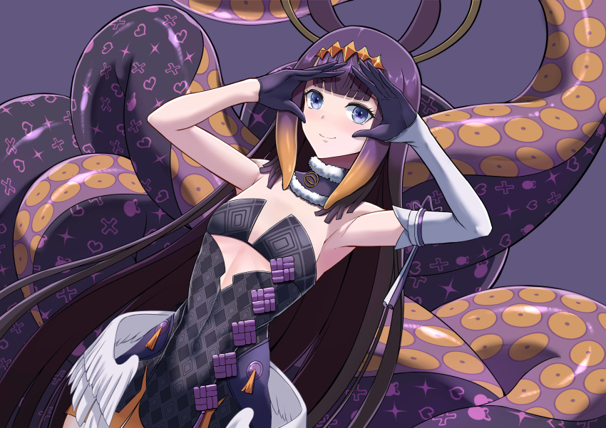 absurdres argyle armpits black_dress black_gloves blue_eyes blunt_bangs blush detached_sleeves dress dutch_angle female flat_chest fur_collar gloves gradient_hair headpiece highres hololive hololive_english long_hair long_sleeves looking_at_viewer monster_girl multicolored_hair ninomae_ina'nis ninomae_ina'nis_(1st_costume) no_mole nose_blush orange_hair purple_background purple_hair short_dress sidelocks single_detached_sleeve smile solo strapless strapless_dress tentacle tentacle_hair torahime_(roland00) very_long_hair virtual_youtuber