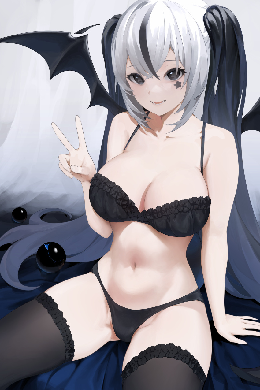 absurdres bat_wings black_bra black_eyes black_hair black_panties black_thighhighs black_wings bra breasts cleavage collarbone commentary crossed_bangs egk513 facial_tattoo female hair_between_eyes highres korean_commentary large_breasts long_hair looking_at_viewer multicolored_hair navel open_mouth original panties sitting smile solo star_tattoo tattoo teeth thighhighs twintails two-tone_hair underwear underwear_only v white_hair wings